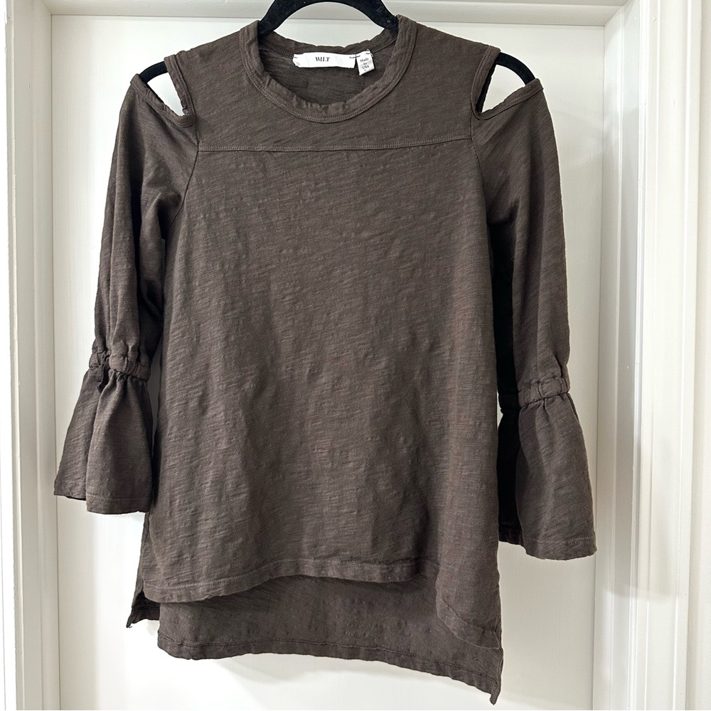 Wilt Brown Cold Shoulder Tunic Blouse with Tie Flared Sleeves, Size XS
